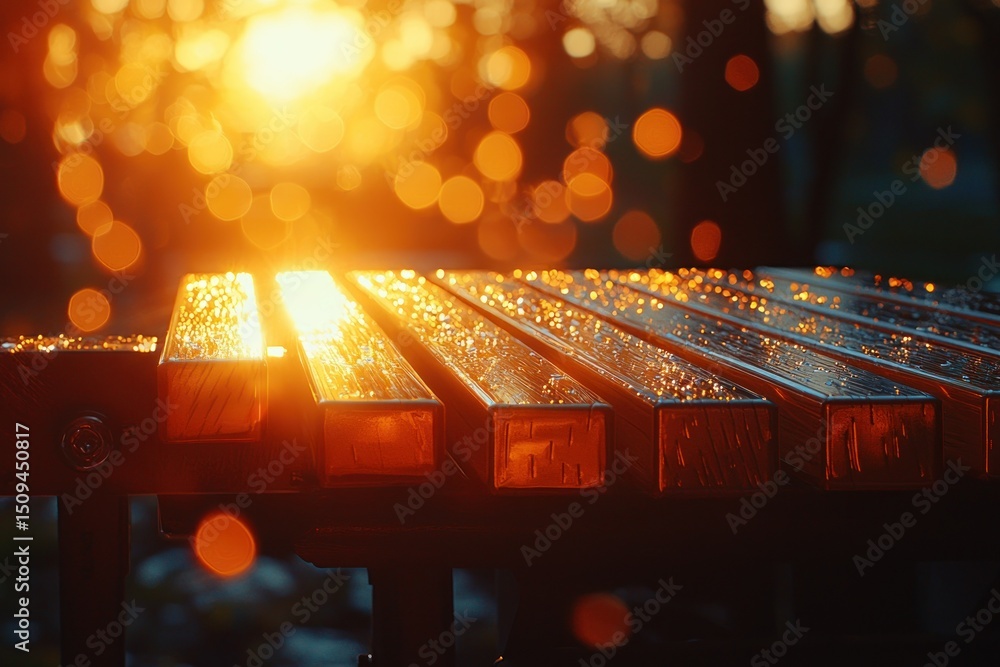 Poster wet bench sparkles in sunlight. bokeh background