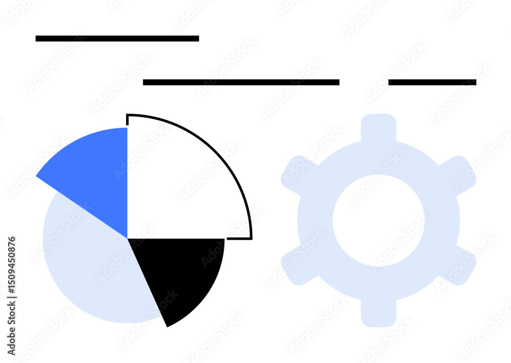 Poster pie chart with segmented sections alongside a gear icon portraying dynamics of analysis, process eff