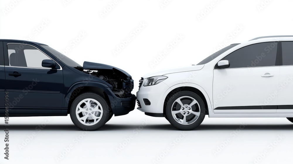 Poster front view of two vehicles in a minor collision isolated on white background