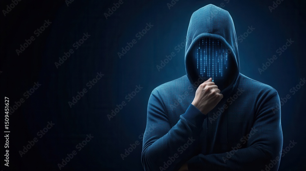 Poster mysterious figure in hoodie with digital patterns illumination on face