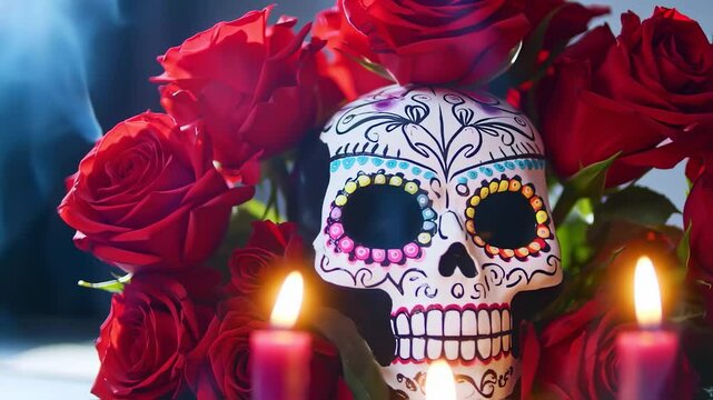 Dia de muertos, sugar skull with detailed patterns among red roses