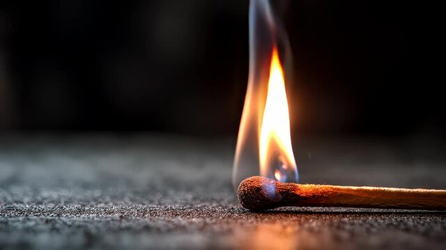 Matchstick igniting with a flame on rough surface in darkness  