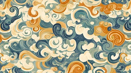 Abstract Swirling Clouds Seamless Pattern, Beige Teal Orange