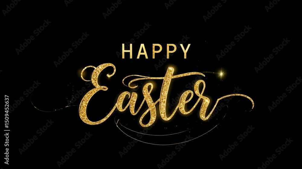 Poster sparkling happy easter animation on black background with light burst and golden script text for sea