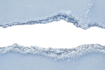 Torn white paper with frosty cracked ice texture and jagged snow-covered edges, isolated on transparent or white background for winter-themed design, arctic concepts, and holiday crafts