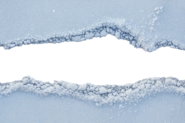 Torn white paper with frosty cracked ice texture and jagged snow-covered edges, isolated on transparent or white background for winter-themed design, arctic concepts, and holiday crafts