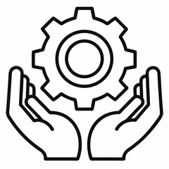 Two hands carefully holding a gear icon representing support and maintenance