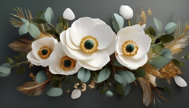 Moderner Luxusstrau&szlig; mit wei&szlig;en Anemonen, Eukalyptus, goldenen Akzenten und minimalistischer Bindung