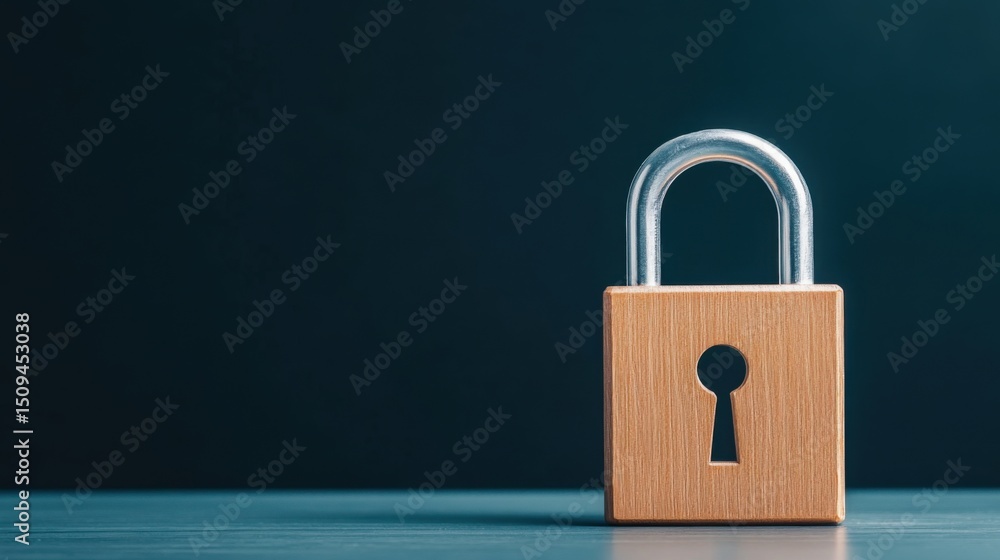Poster close-up image of brass padlock with keyhole on a dark background