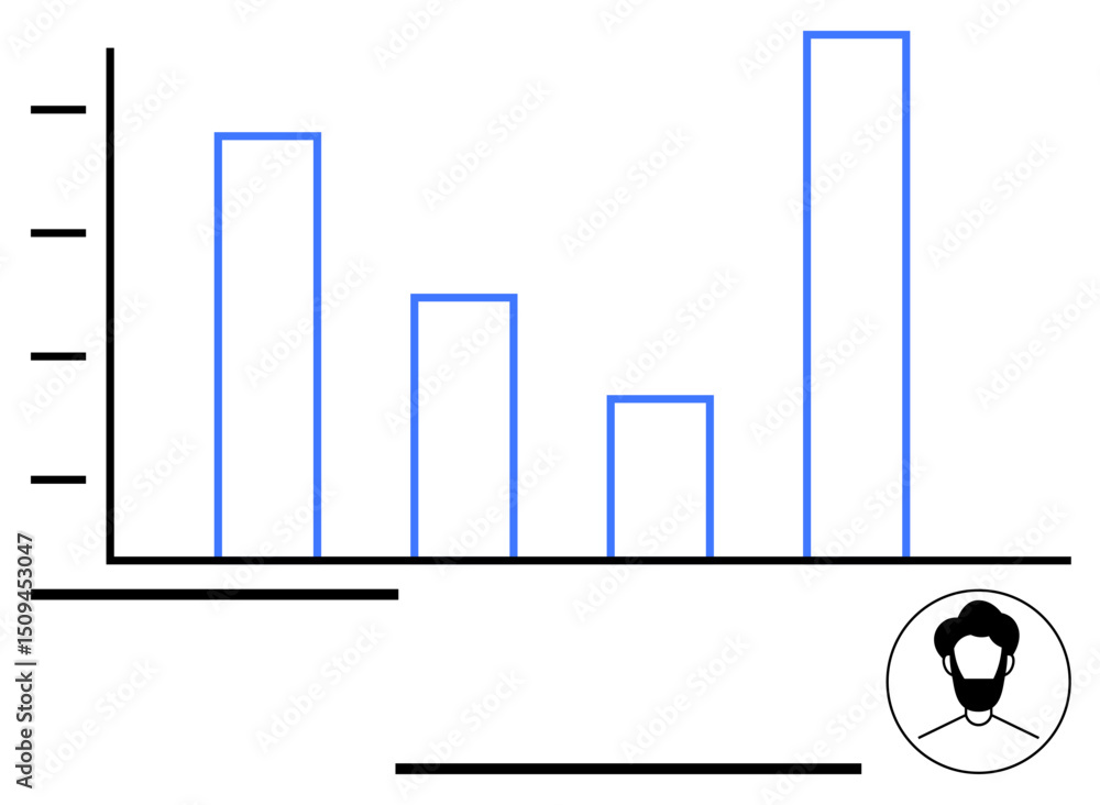 Poster blue bar chart displaying data distribution with a user profile icon. ideal for analytics, statistic