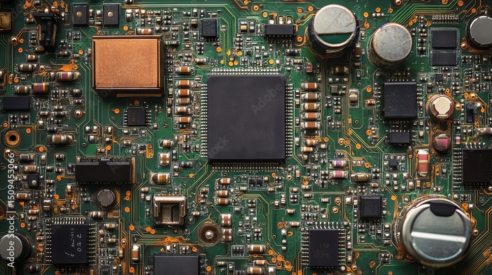 Poster high resolution detailed green circuit board technology image electronic components microchip close 