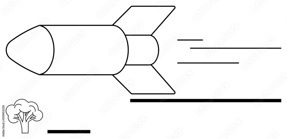 Poster rocket moving with speed lines beside a small tree and abstract lines. ideal for innovation, science