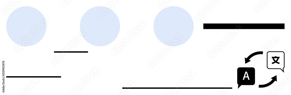Poster blue circles, horizontal lines, and arrows symbolize text conversion. chat bubbles and language icon