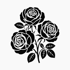  Three roses cluster, black silhouette, clean edges, white background