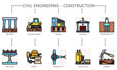 Civil engineering outline color icons. Contain abutment, bulldozer, damper, elevator, cantilever, cement, hammer and more. Vector for construction UI, UX kit, digital, print, web and app development.