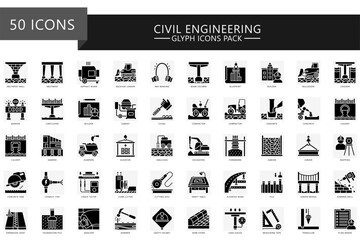 Civil engineering glyph icon pack. Contain abutment, blueprint, builder, cantilever, concrete, compactor, girder, gabion and more. Vector for industry, construction, UI, UX, web and app development.