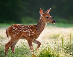 Fototapeta premium a newborn deer fawn taking its first st in a dew covered meadow concept of fragility and woodland beginnings