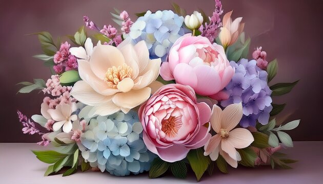 Rund gebundener Luxusstrau&szlig; aus Pfingstrosen, Magnolienbl&uuml;ten und pastellfarbenen Hortensien.
