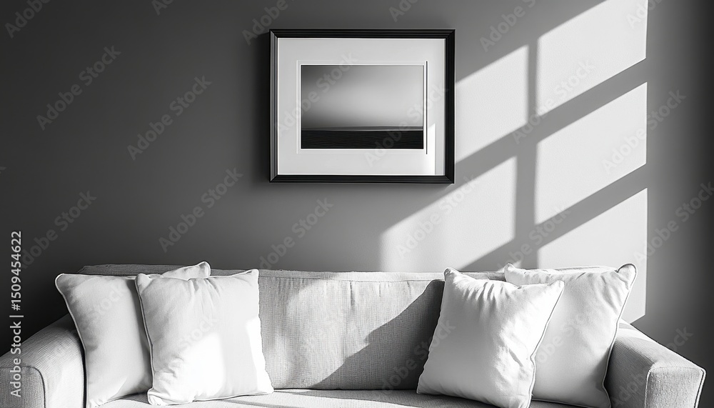 Poster modern living room with minimalist design featuring a gray couch and a framed artwork illuminated by