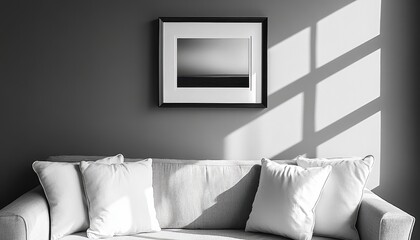 Modern living room with minimalist design featuring a gray couch and a framed artwork illuminated by natural light from a window