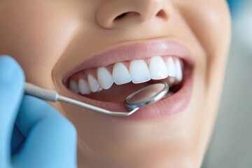Naklejka premium Dentist examining perfect white teeth with dental mirror and probe