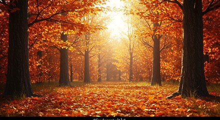 Fototapeta premium Autumnal Forest Path Golden Leaves and Sunlight