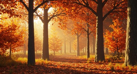 Fototapeta premium Enchanted Autumn Forest Path Sunlit Golden Leaves and Misty Morning