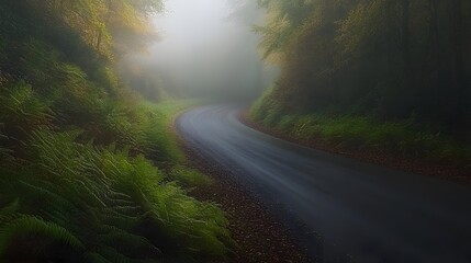 Obraz premium Misty Forest Road Winding Path Autumn Scenery