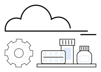 Cloud outline above medicines and gear, representing technology in healthcare. Ideal for telemedicine, innovation, medical data, online pharmacy, efficiency, health management, simple landing page