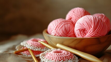 Pink Yarn Balls Crochet Hooks Wooden Bowl Craft