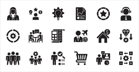 Business company and Management icon set. Contains symbol of teamwork, target, market, global, success, customer service, leadership, holiday, asset, meeting, entrepreneur. Vector illustration