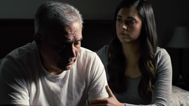 An older Caucasian man with impotence and a young Hispanic woman share an emotional moment in a dimly lit room. The atmosphere conveys support and understanding during a difficult time.
