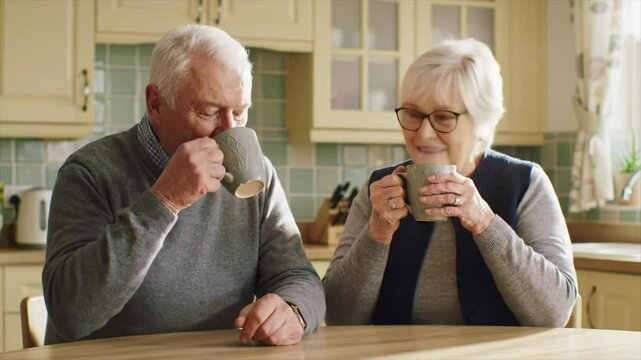 An elderly couple sits at a wooden table in a sunny kitchen, sharing coffees and engaging in light conversation. Their warmth and connection are evident as they laugh together
