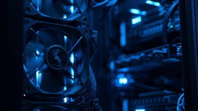 High-Performance Computer Hardware in a Cool, Blue-Lit Environment with Advanced Cooling Systems