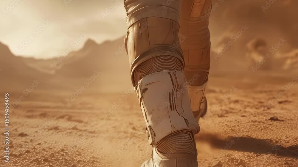 Aufkleber astronaut wearing advanced spacesuit walks on mars' surface, kicking up red dust while exploring a n
