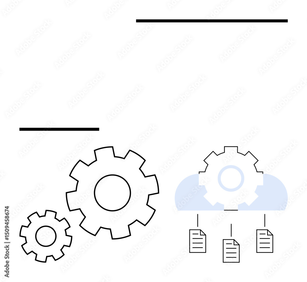 Poster interconnected gears symbolize automated processes with a cloud icon sharing documents. ideal for te