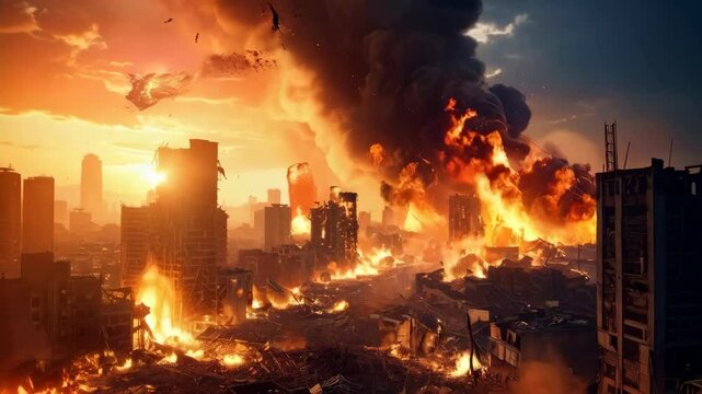 Devastated city skyline engulfed by towering flames and smoke under an orange sky, depicting war torn urban decay, destruction and ruin.