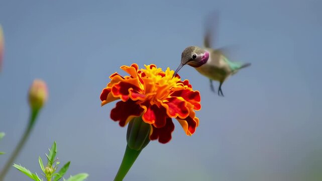 Closeup of a hummingbird with green and purple feathers feeding on a detailed orange and red marigold. The bird hovers mid-air, its beak inside the flower, against a blurred blue sky.