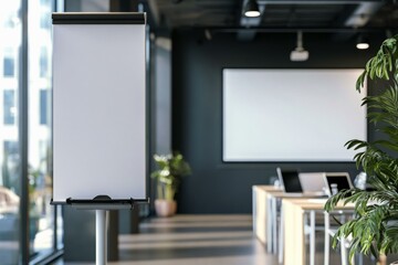  Pull-up banner mockup in modern conference room with projector screen and plants for corporate presentation