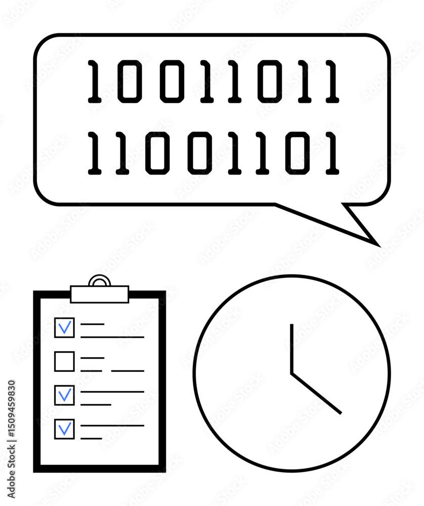 Poster binary code in speech bubble, checklist with marked tasks, clock suggesting time management. ideal f