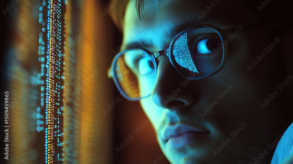 Poster focused programmer working late night on complex code project digital screen reflection glasses blue