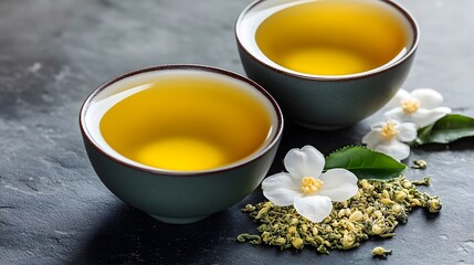 Jade Green Tea Cups Jasmine Flowers Tea Leaves