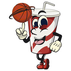 soft drink paper cups retro vektor illustration mascot character spin the basketball with the index finger, work of hand drawn