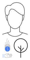 Minimalistic design with a faceless human figure, coins falling into a hand, and a tree symbol. Ideal for finance, sustainability, ecology, growth, minimalism, innovation simple landing page