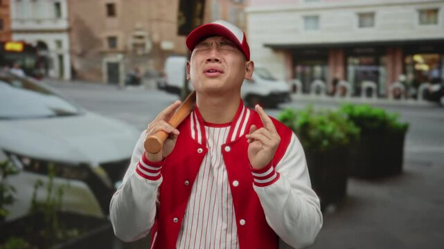 Young man wearing baseball uniform stands in city street with bat posed cheerfully, creating an urban vibe with buildings and parked cars in the background.
