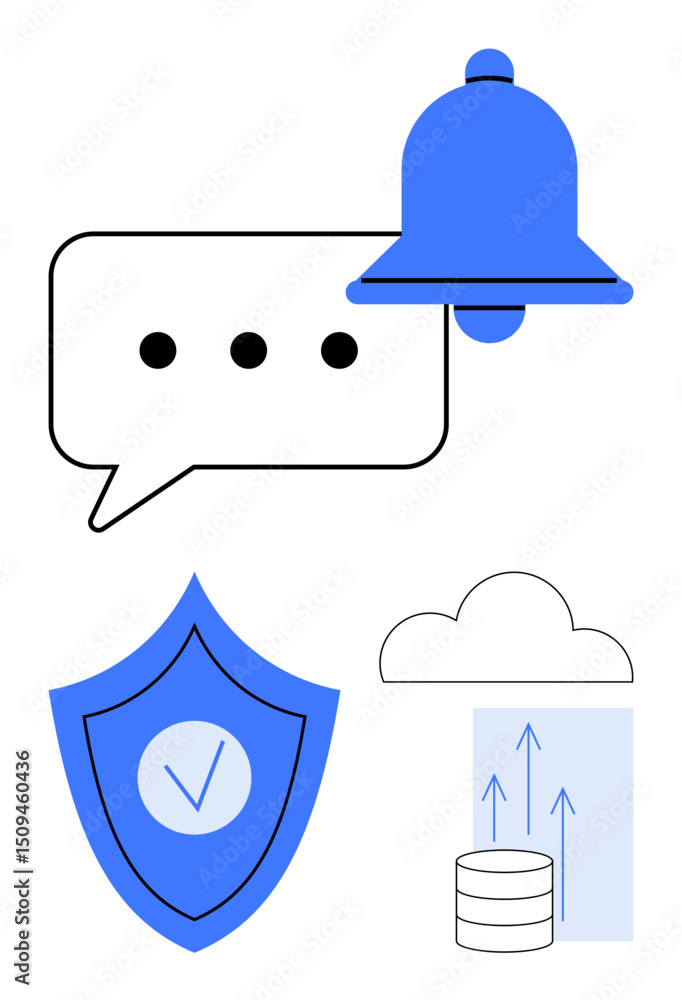 Poster speech bubble with bell, shield with checkmark, cloud with upward arrows and server below. ideal for