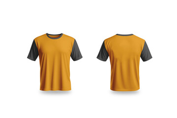 Orange men t-shirt front and back views (Black neck & sleeves) - isolated background and shadow - Exclusive Mockups for Branding and Packaging Design