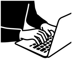 A person's hands typing on a laptop, illustrated in a bold black and white style.