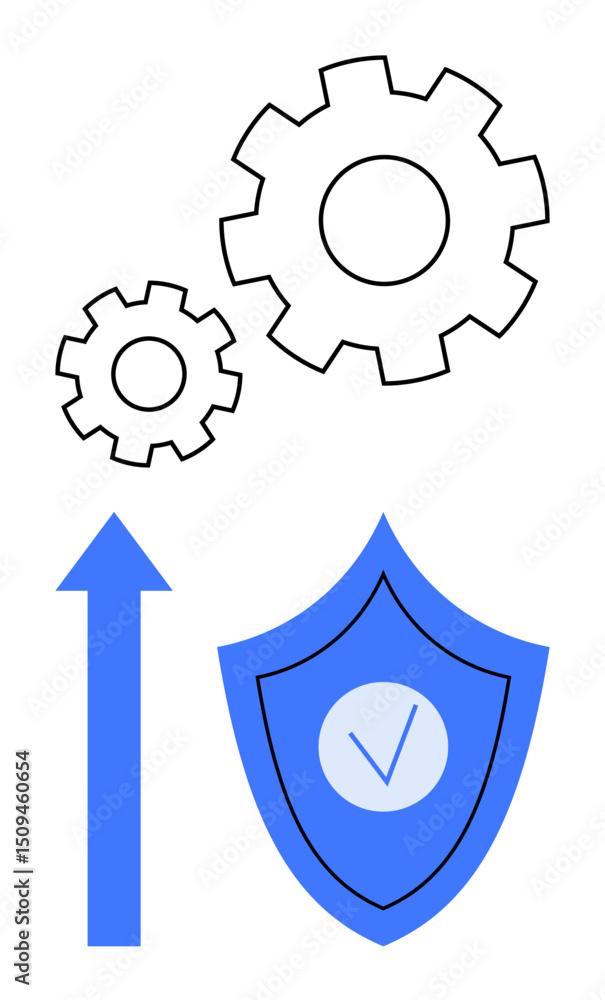 Poster two interlocking gears with a blue upward arrow and shield featuring a checkmark, symbolizing system