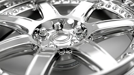 Polished chrome car wheel detail reflects light